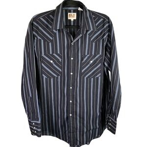 ELY Cattleman Western Shirt Mens L‎ Black Blue Striped Pearl Snap Long Sleeve